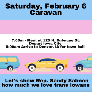 Graphic in the colors of the transgender flag, baby blue, pink, and white with three car icons with a dust cloud under their tires advertising the caravan to Sandy Salmon